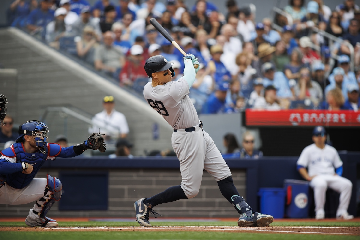 Aaron Judge #99 of the New York Yankees hits a two-run home run.