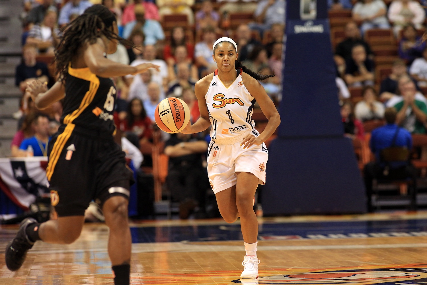 Sydney Carter, Connecticut Sun, in action during the Connecticut Sun V Tulsa Shock WNBA regular game at Mohegan Sun Arena, Uncasville, Connecticut, USA. 2nd July 2013.