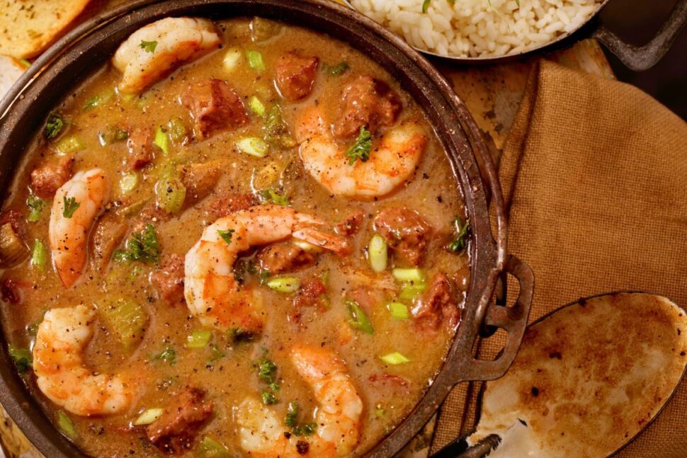 shrimp and sausage gumbo in a cast iron pot