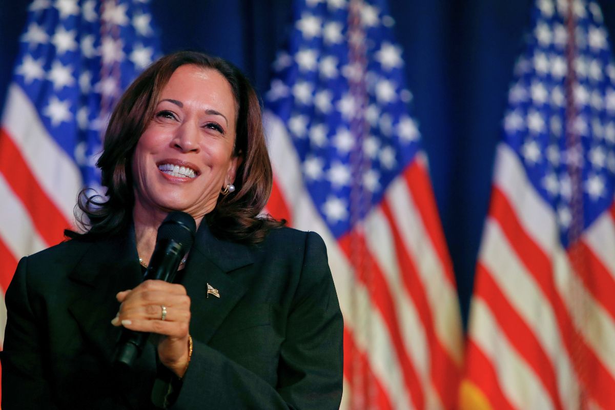 US Vice President Kamala Harris speaks at a moderated conversation