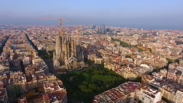 best places to visit in september pictured: Barcelona aerial view by drone