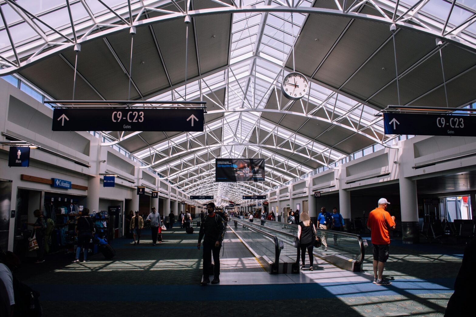 dimly lit airport terminal