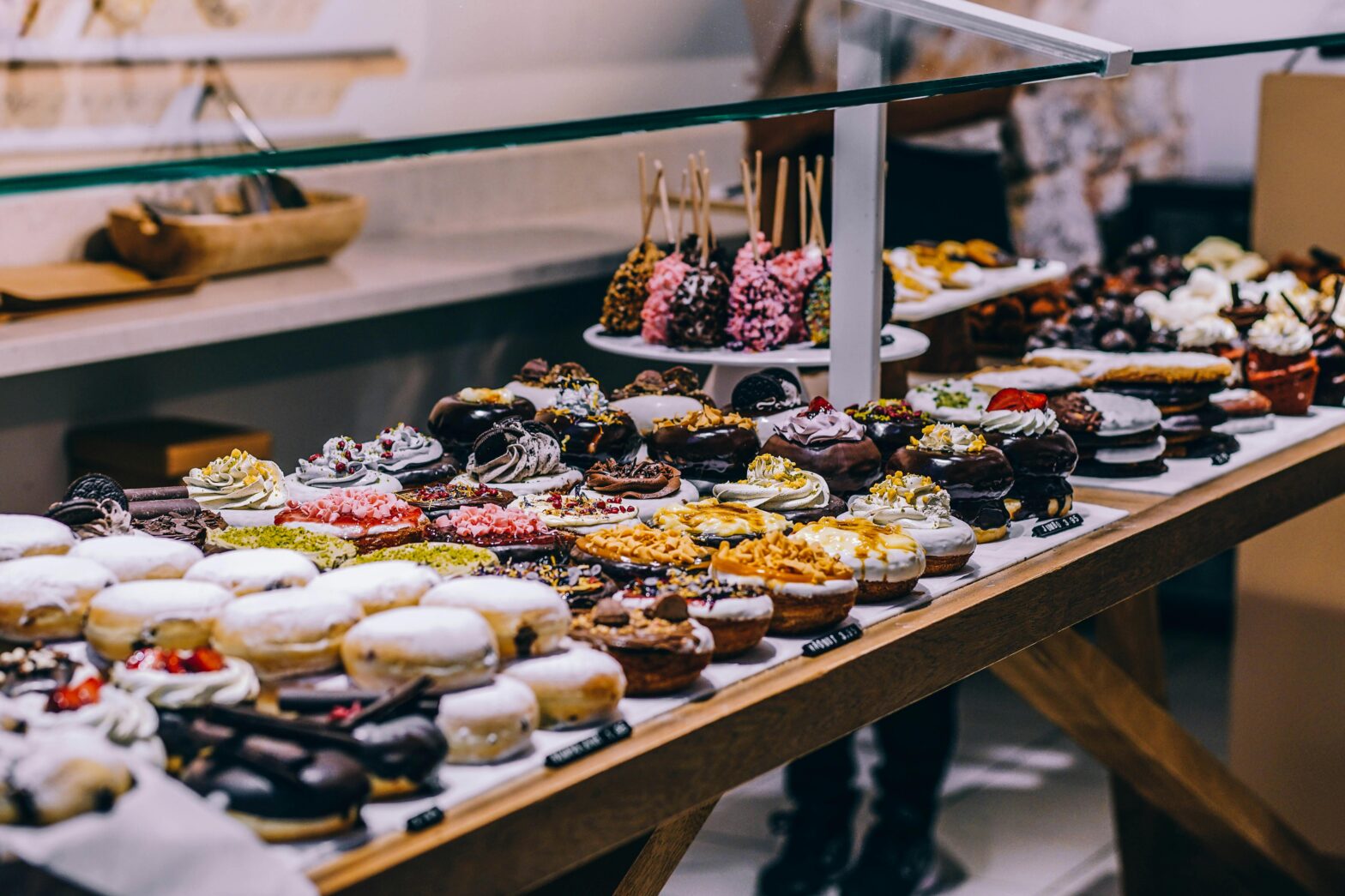 bakery items behind glass