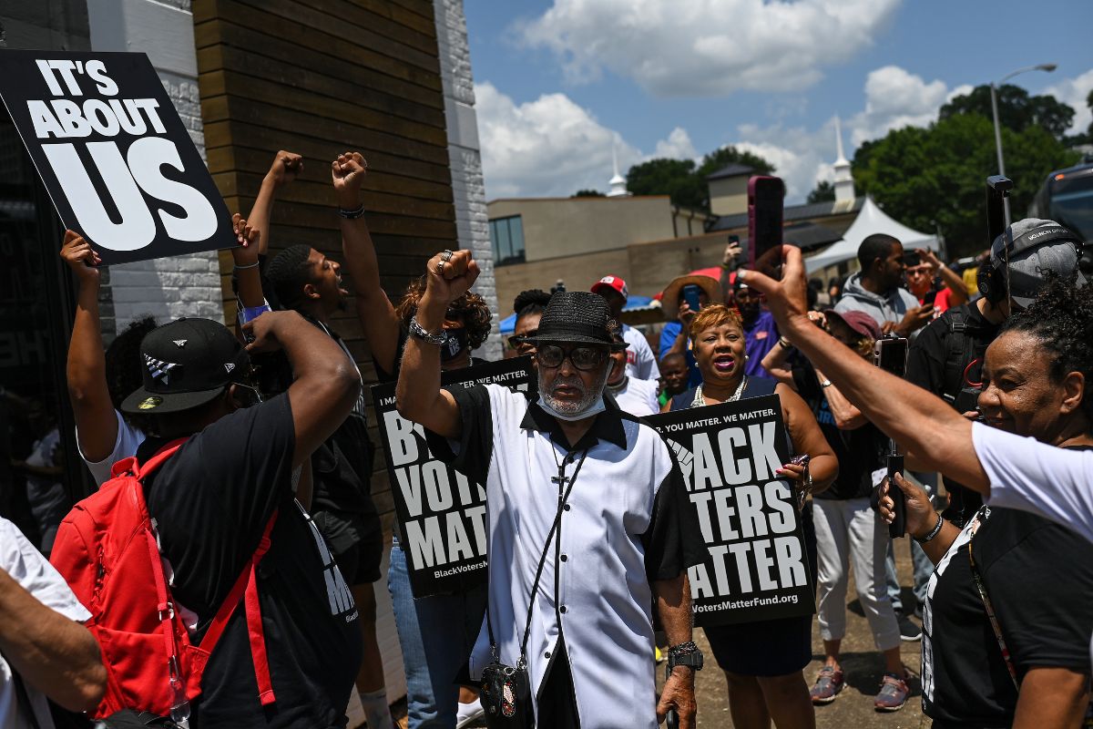 People attend a Black Voters Matter event outside First Baptist Church Capitol Hill on June 20, 2021 in Nashville, Tennessee