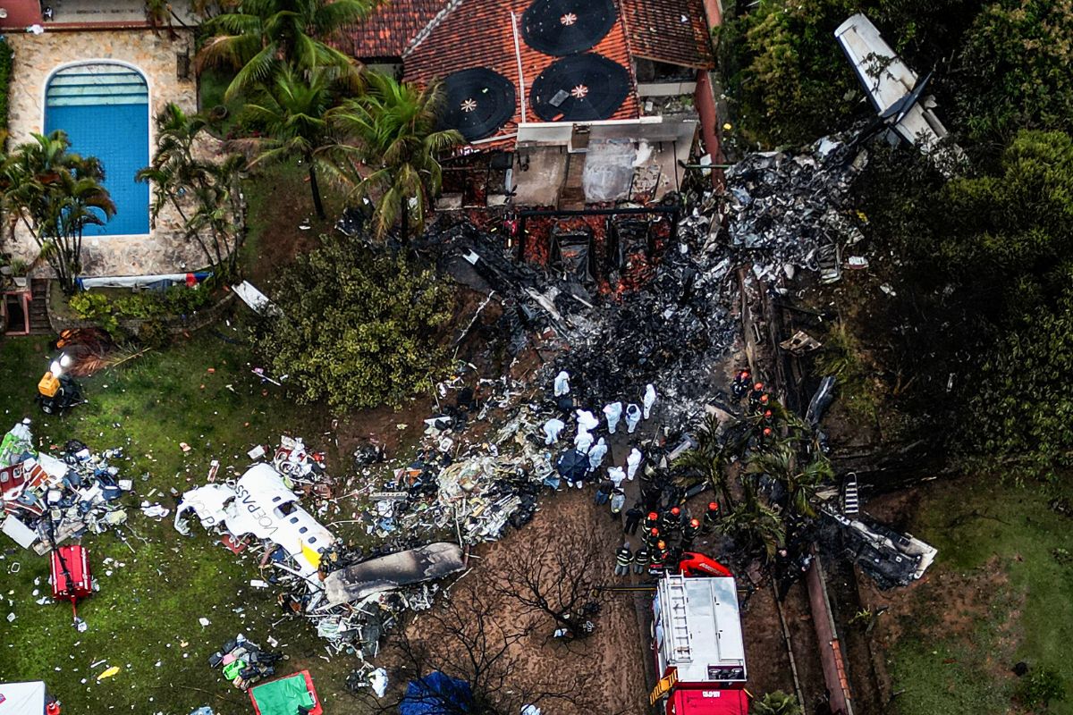 Aerial view of the wreckage of an airplane that crashed with 61 people on board in Vinhedo, Sao Paulo State, Brazil, on August 10, 2024.