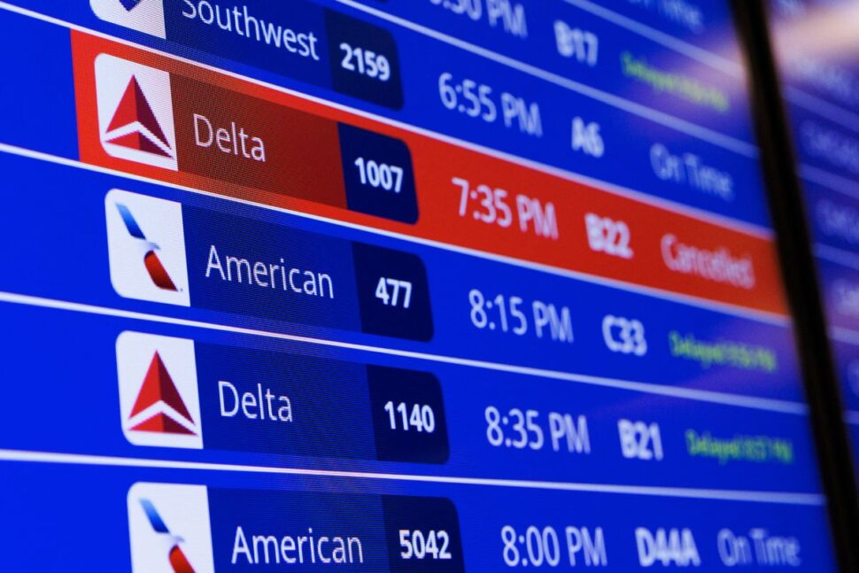 A flight departure information board is seen on Tuesday July 23, 2024 at Ronald Reagan Airport in Arlington, Virginia