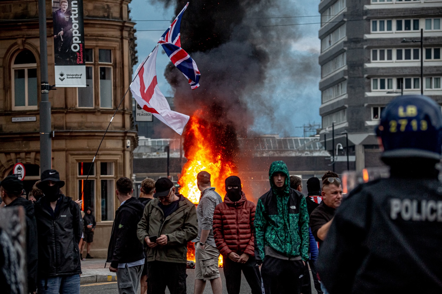 Far-right activists hold an 'Enough is Enough' protest on August 02, 2024 in Sunderland, England.