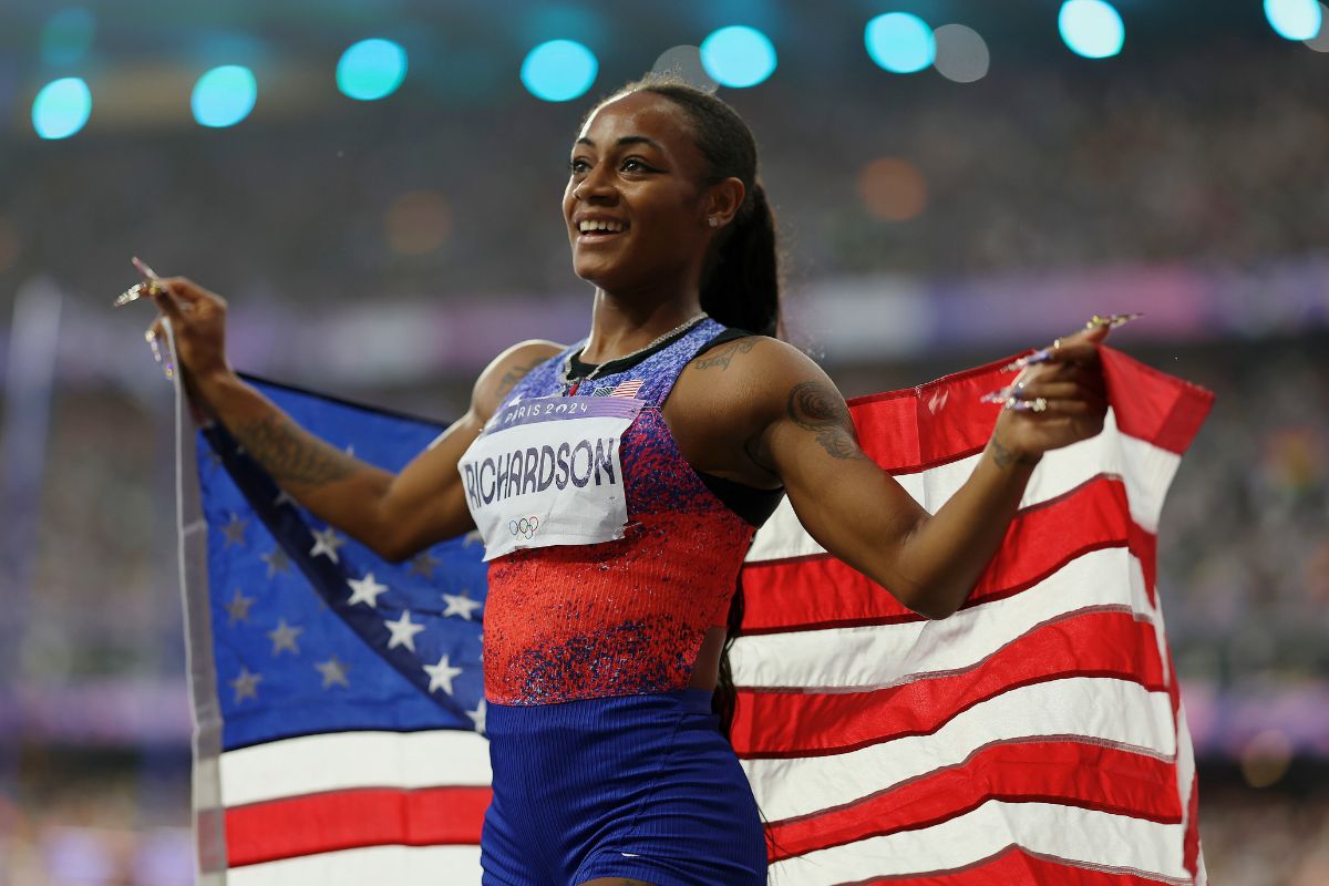 Sha'Carri Richardson of Team United States celebrates winning the silver medal after competing the Women's 100m Final