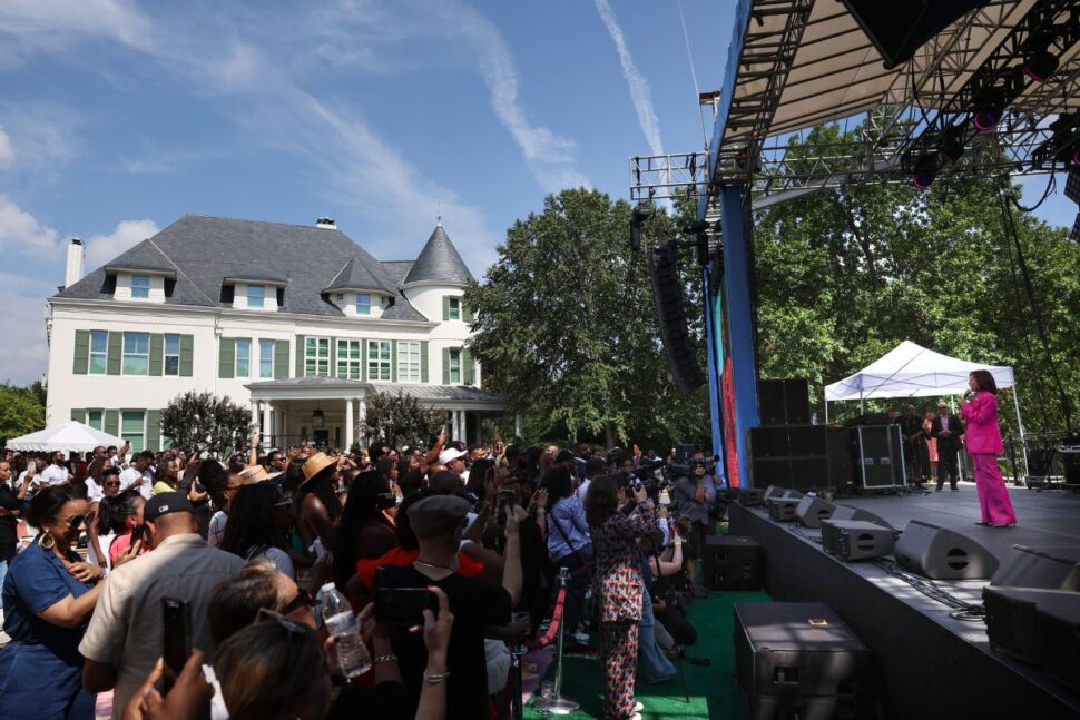 U.S. Vice President Kamala Harris delivers remarks at an event celebrating the 50th anniversary of Hip Hop, at the Vice President's residence