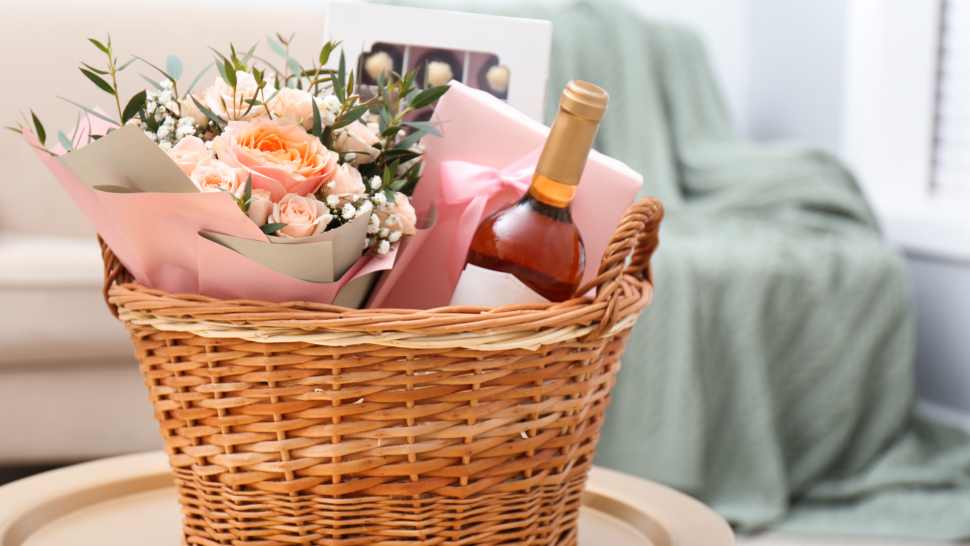 eco friendly wedding gift ideas wine, flowers, and sustainable wrapping gift basket