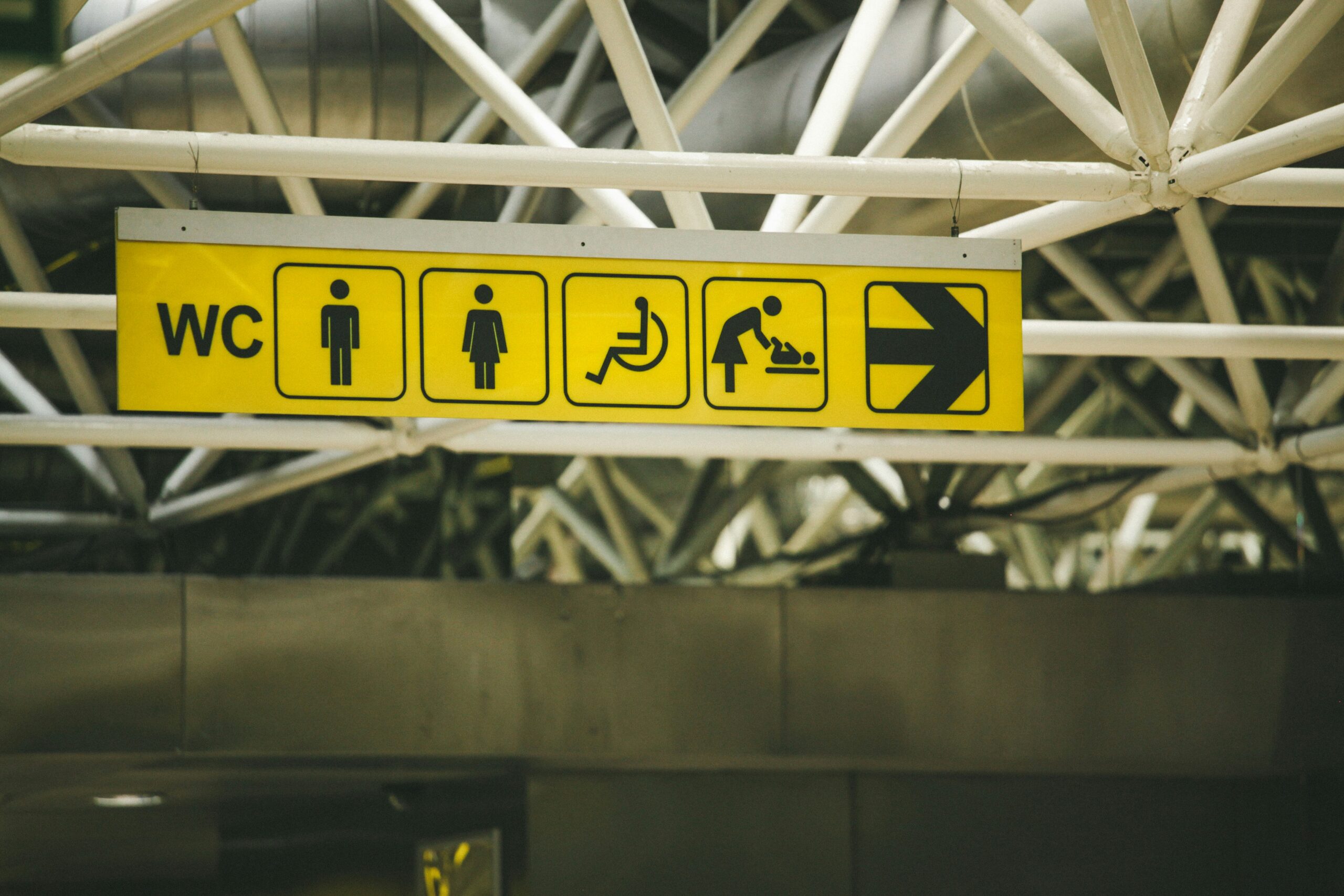 People that deal with constipation while traveling should try different ways of avoiding it. 
Pictured: airport bathroom signs