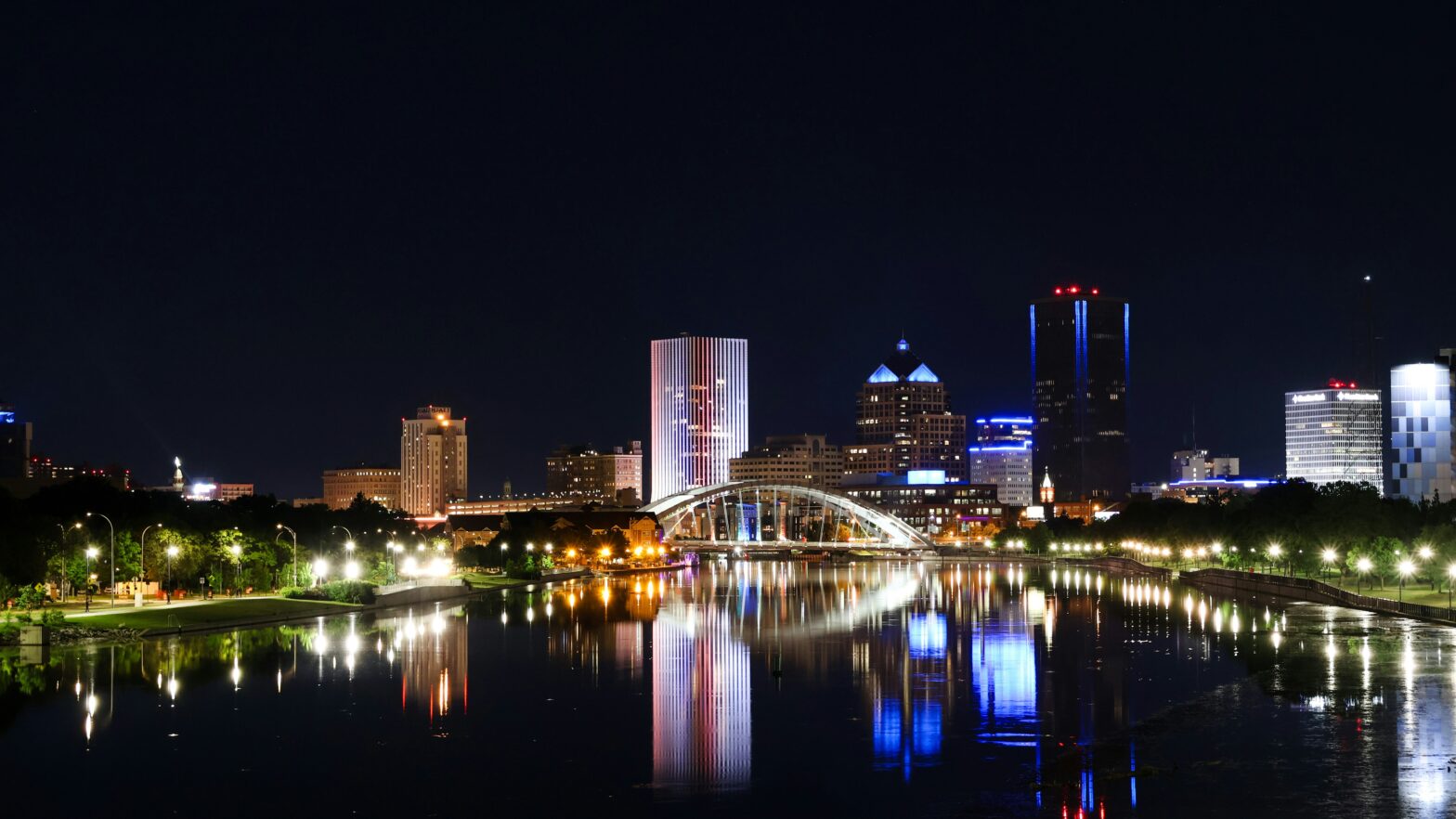 Downtown Rochester skyline at night