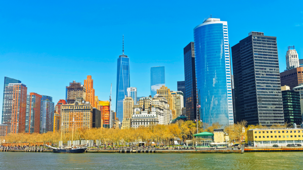 Zoomed out view of the buildings in Battery Park City in New York Harbor Manhattan