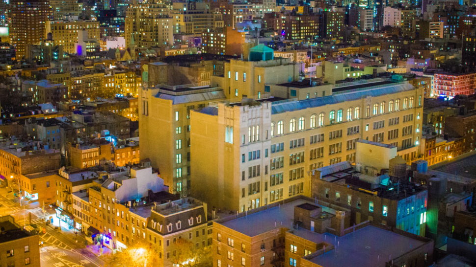 Aerial view of buildings in the Chelsea area of New York City at night