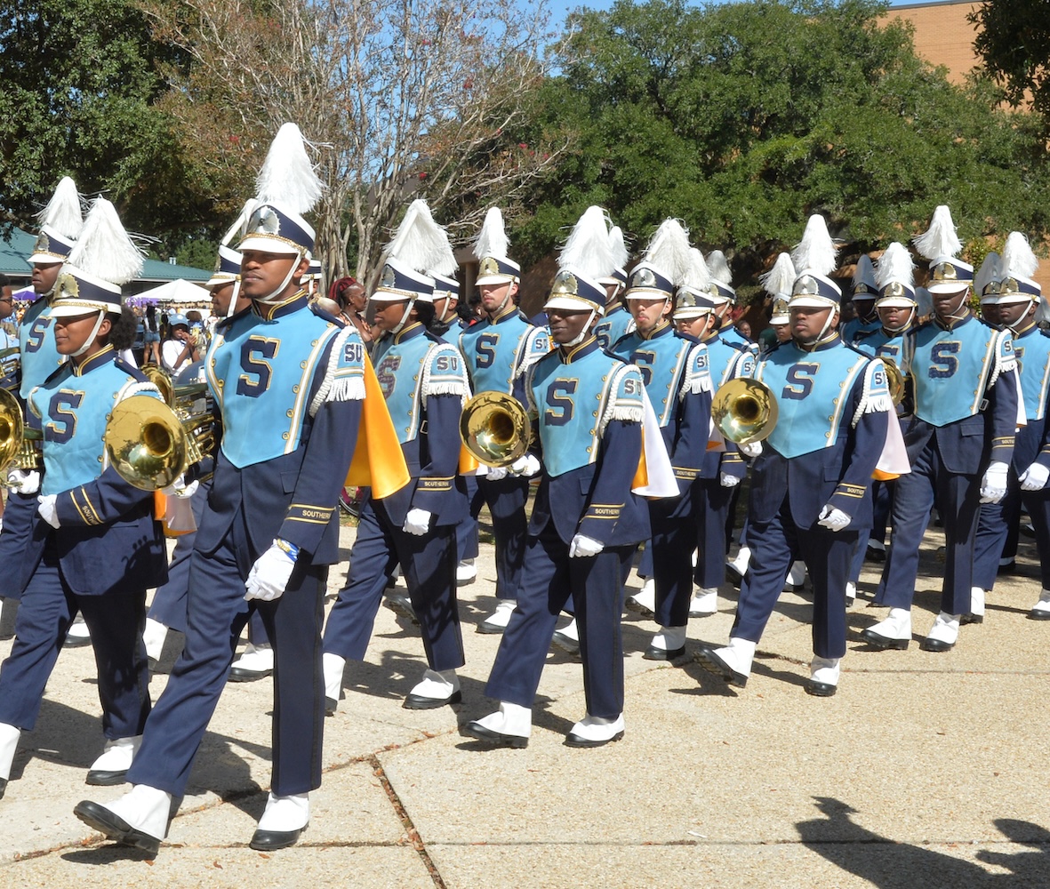 Southern University Marching Band in blue uniforms.