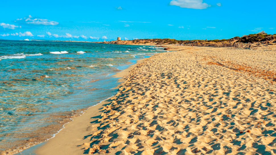 Waves rolling in on the sandy shore of Es Cavallet Beach, in Ibiza Island, Spain 
