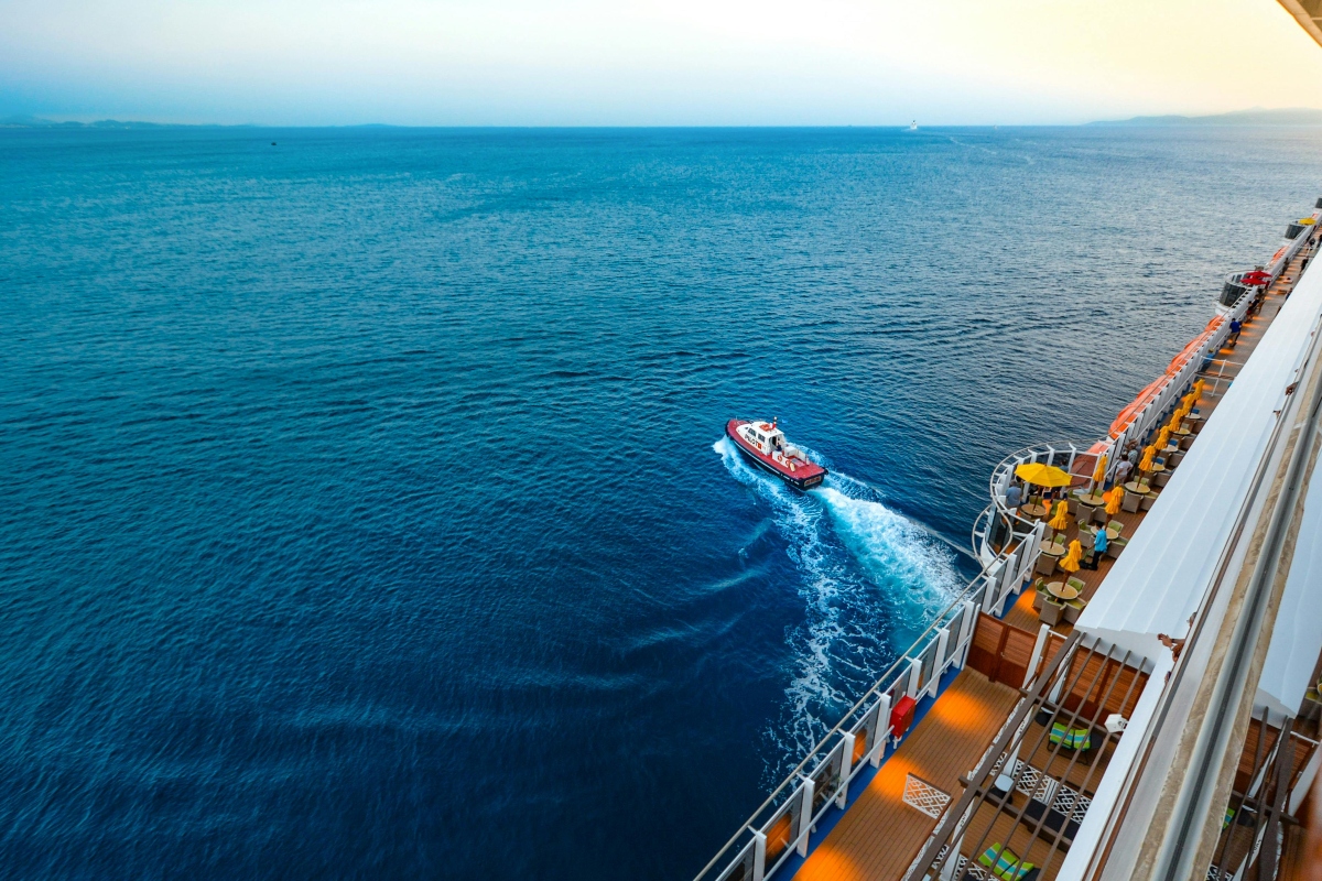 High angle view of people sailing on sea in a cruise ship.