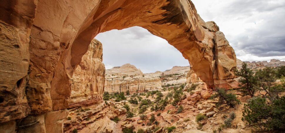 desert mountains and a rock arch