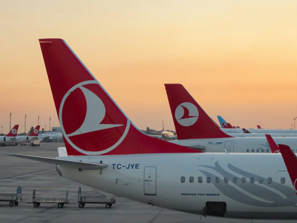 Turkish Airlines planes lined up on a tarmac