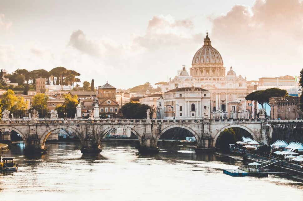 A view of a bridge and domed buildings within Vatican City 