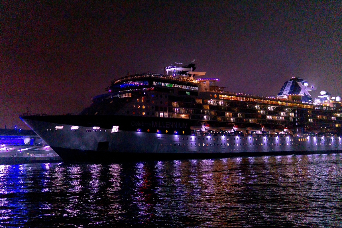 cruise ship at night