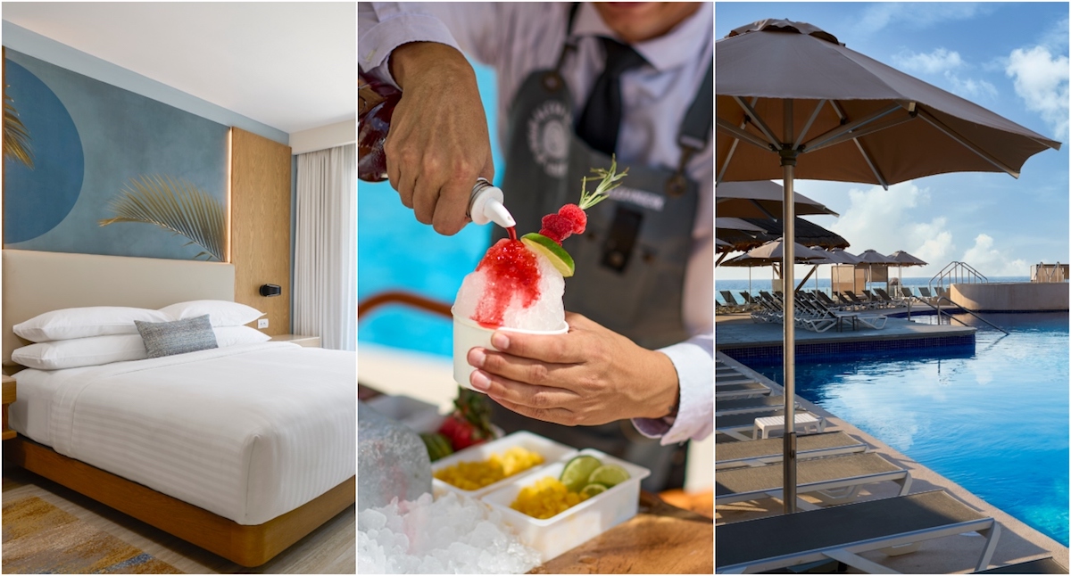 collage of images with hotel room, man pouring daiquiri and umbrella poolside