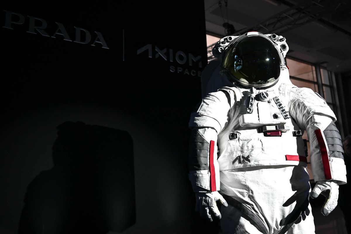 AxEMU suit is pictured during a press conference of Prada and Axiom Space