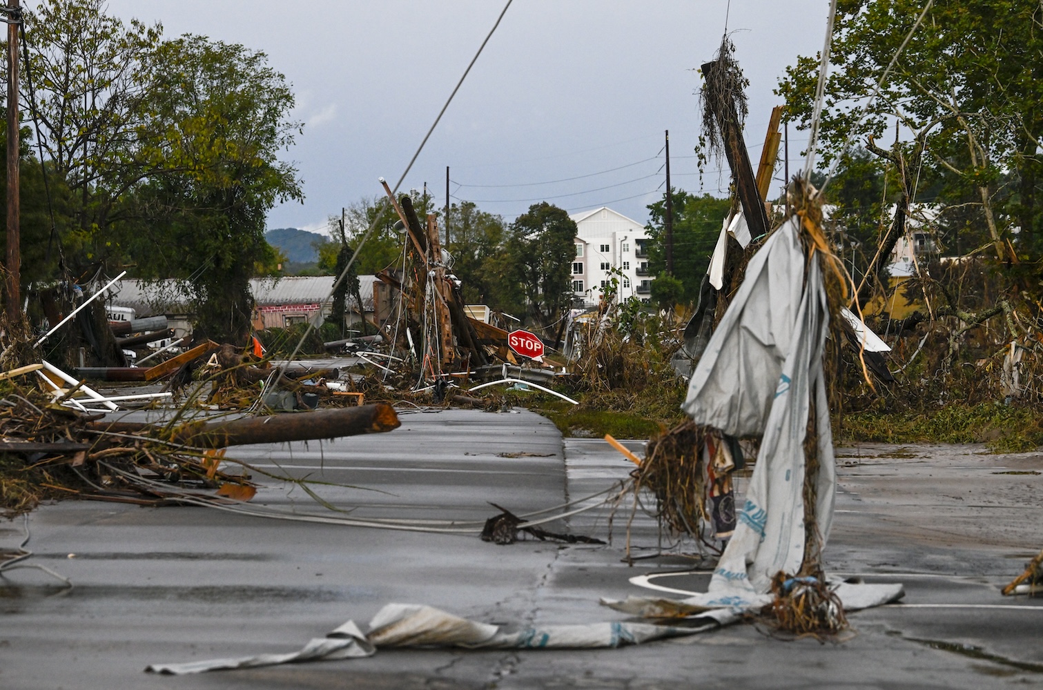 Street littered with debris, fallen utility poles, and torn structures in a devastated area after Hurricane Helene.