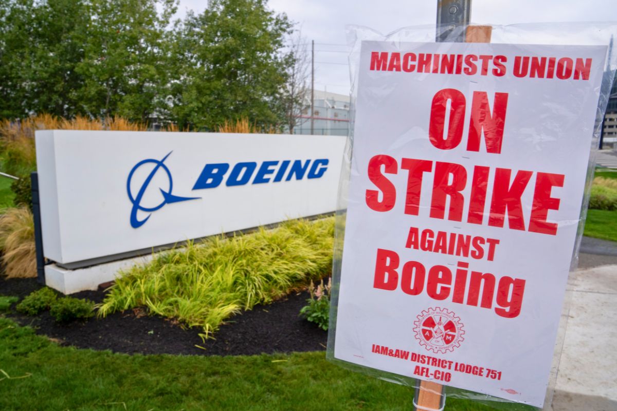 A strike sign is pictured outside a Boeing factory