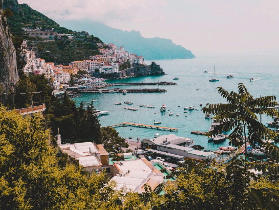 Amalfi coast, showcasing boats, hotels and mountains