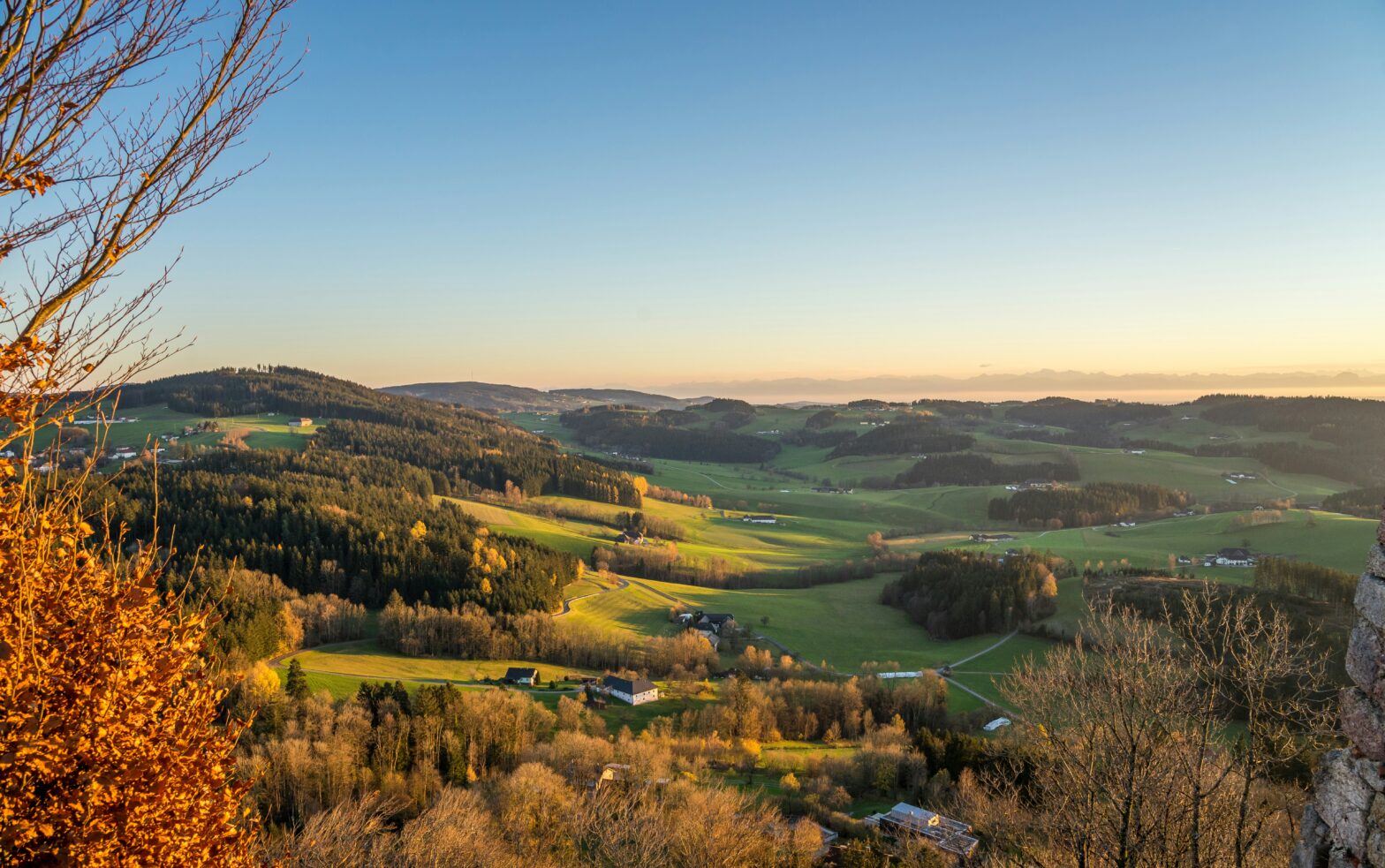 A peaceful, sunlit landscape of rolling green hills and autumn-colored trees stretches into the horizon, framed by golden leaves and a clear blue sky.