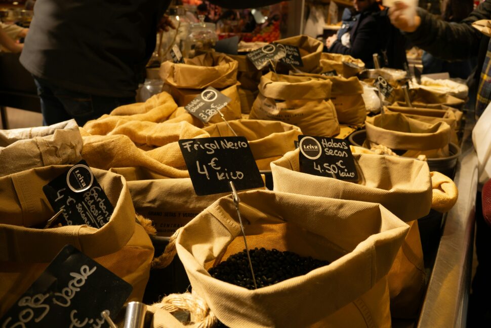 Bags of spices in a market in Valencia, Spain.