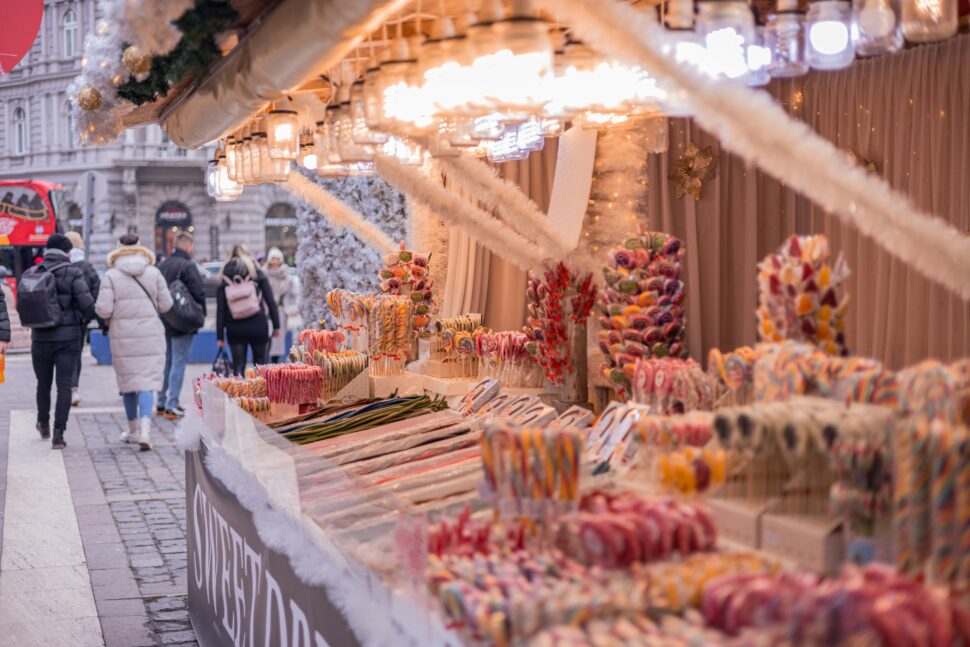 A Christmas market in Budapest, where handmade sweets are on display. 