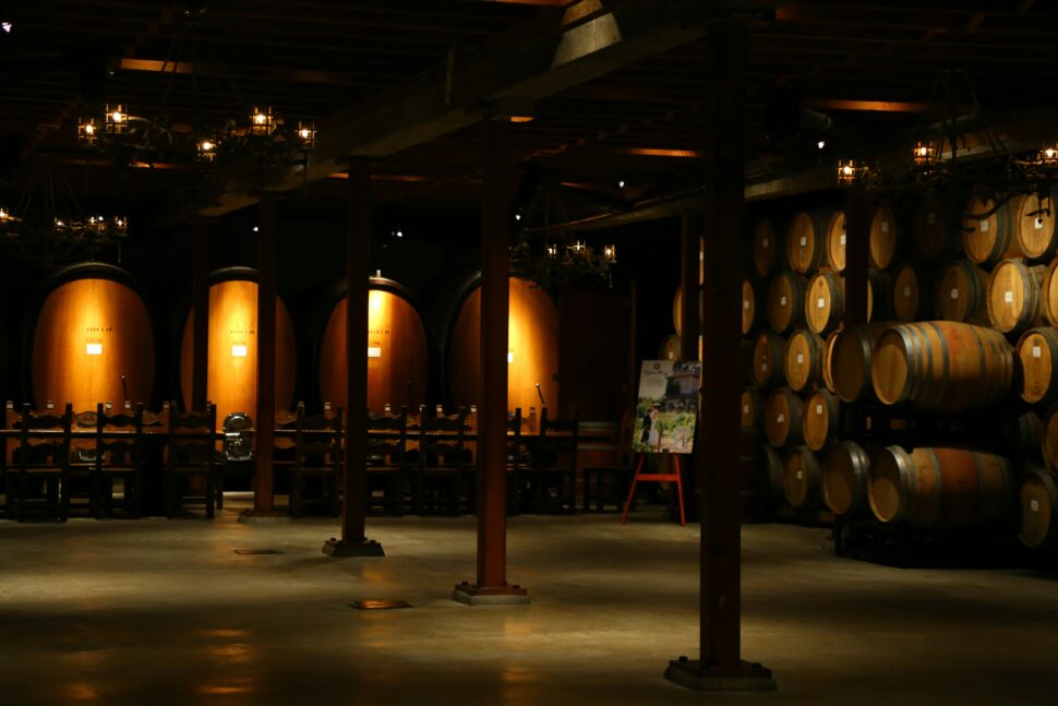 Wine cellar with kegs in Napa Valley, California