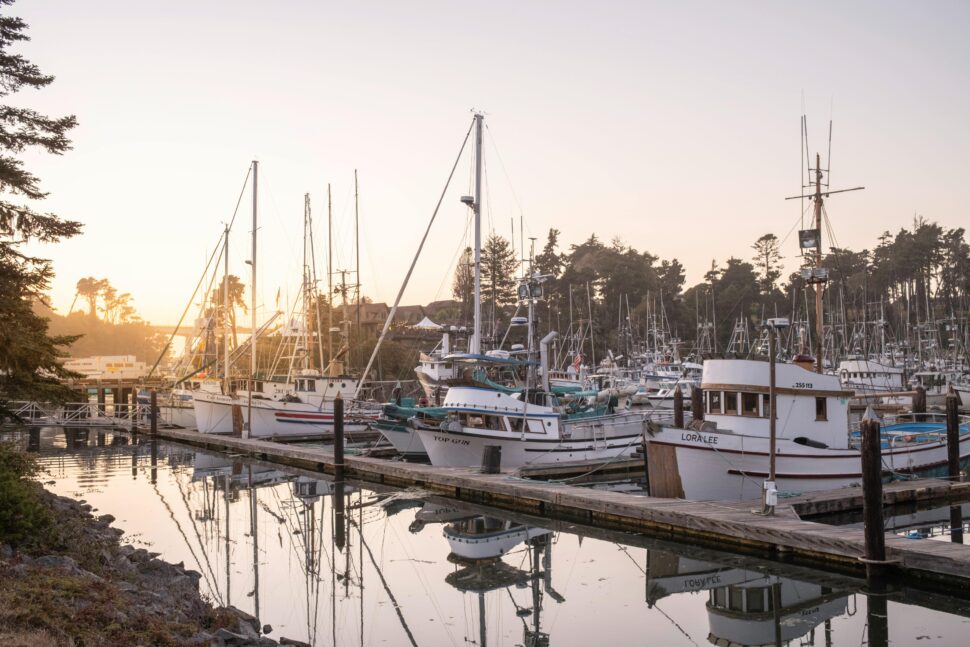 a view of the boat dock in Fort Bragg, CA,