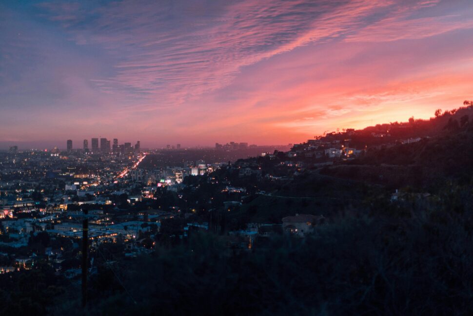 a mountain view of Burbank area with DTLA in the background