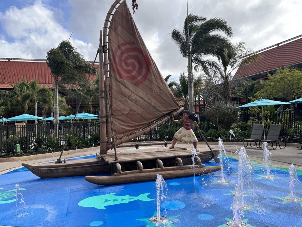 Wayfinder and Polynesian Princess Moana and her iconic canoe inside Island Tower at Disney’s Polynesian Villas & Bungalows. 