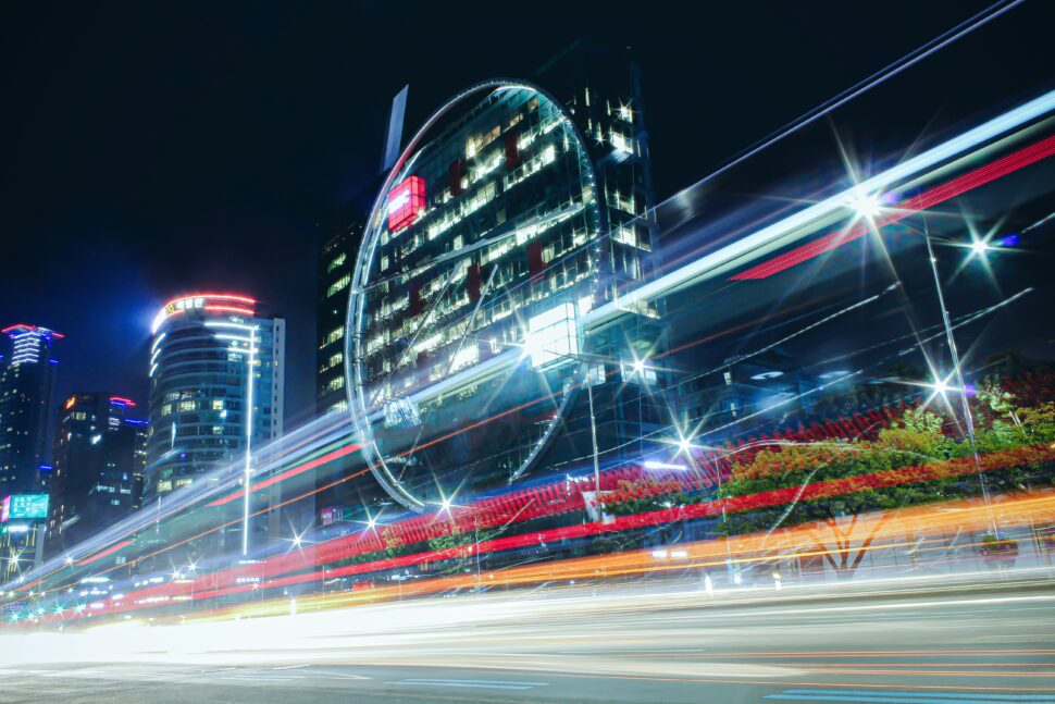 Passing street lights blending in Seoul, South Korea