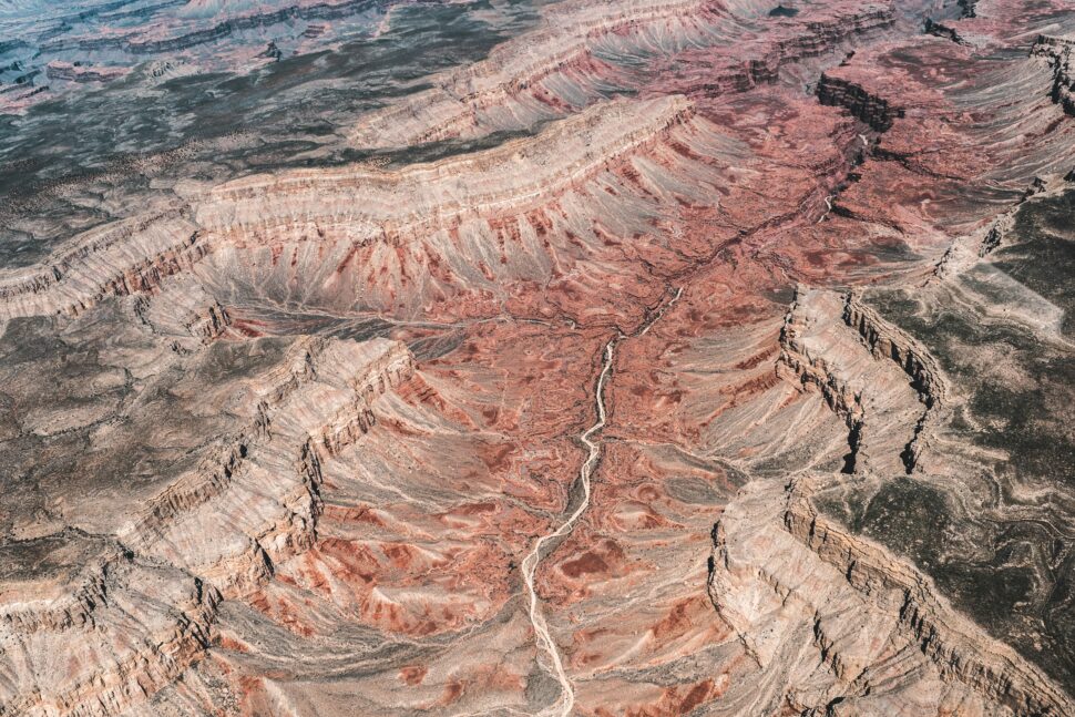 Aerial view of a road running through Grand Canyon National Park 