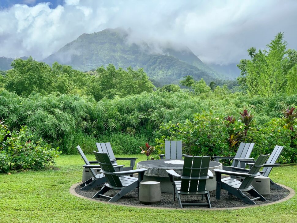 Lawn chairs and a fire pit in the middle of Kauai, Hawaii, USA