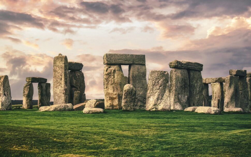 Ancient stone circle of Stonehenge under a cloudy sky in Wiltshire, England