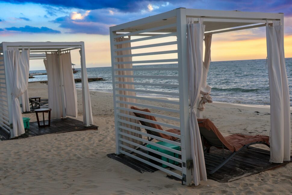 Beach lounge chairs on a Jamaican beach