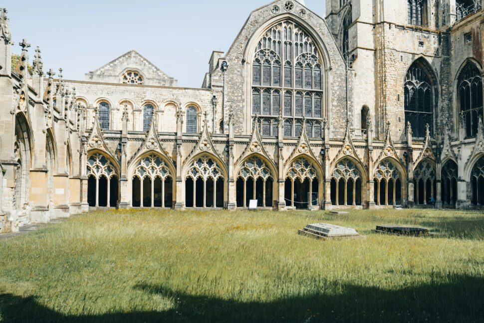 Canterbury Cathedral’s grand facade with detailed Gothic architecture.