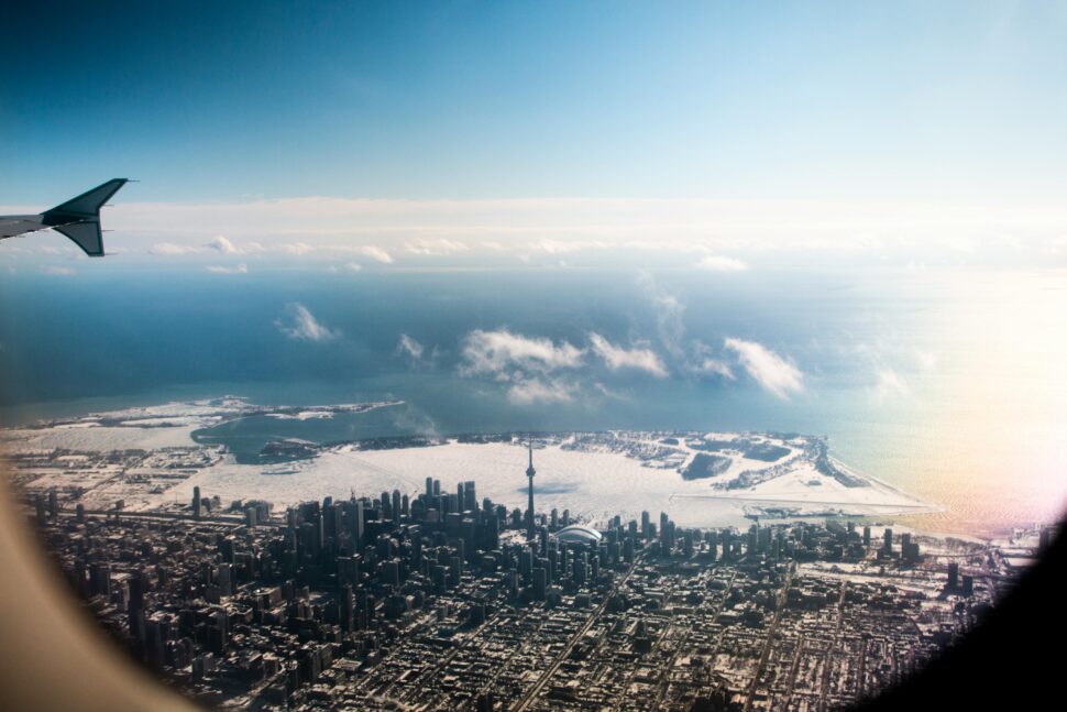 skyview  from a plane of Toronto, Ontario, Canada skyline during winter snow season 