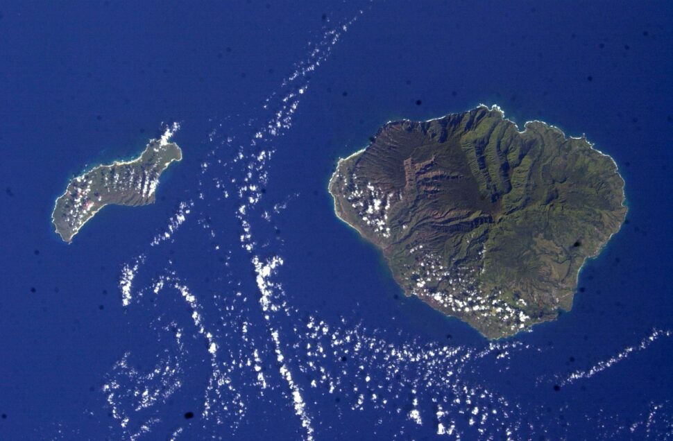 Hawaii archipelago. Niihau "the forbidden island" to the left of the larger island of Kauai.