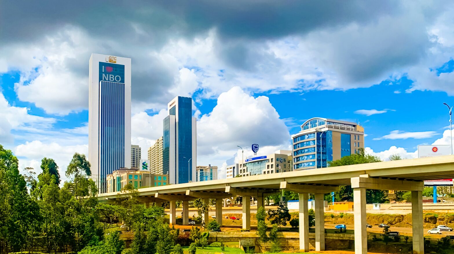 city skyline with digital signage over highway in Nairobi, Kenya