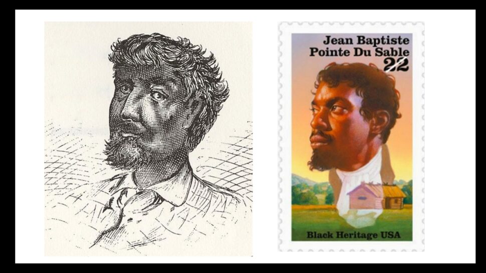 Jean Baptiste Point du Sable profile and postage stamp