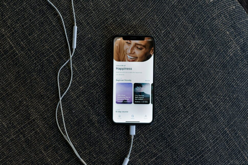 App on mindfulness with headphones connected.