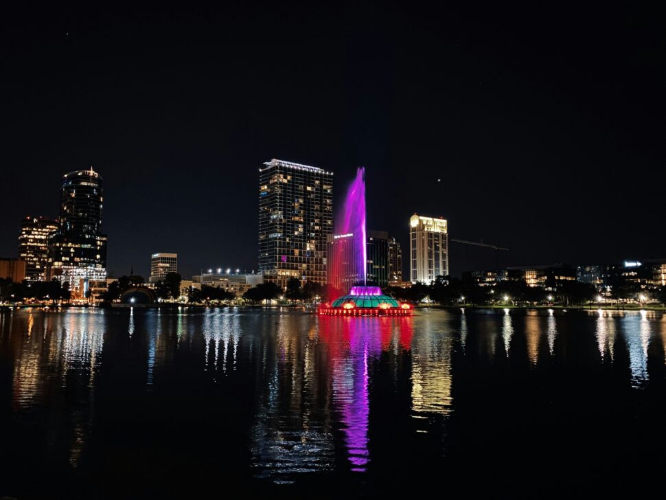 Downtown Orlando, Florida illuminated at night.