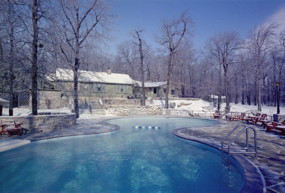 Camp David Lodge and swimming pool in the winter. Ca. 1969-74.